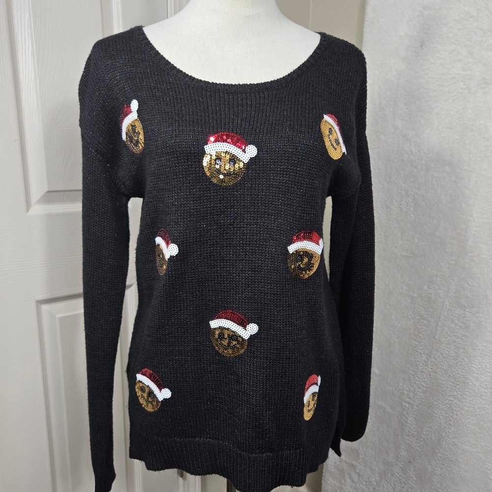 Justice Black‎ Christmas Sequin Smiley Face Santa Hat Sweater Girls Teen 18